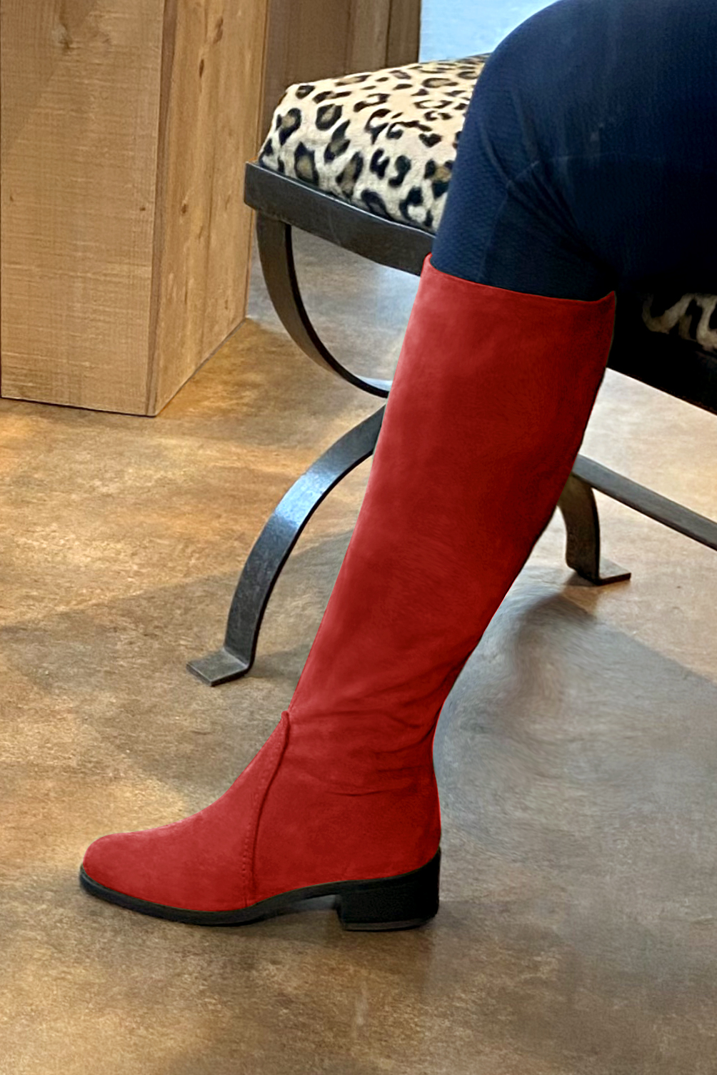 Scarlet red women's riding knee-high boots. Round toe. Low leather soles. Made to measure. Top view - Florence KOOIJMAN